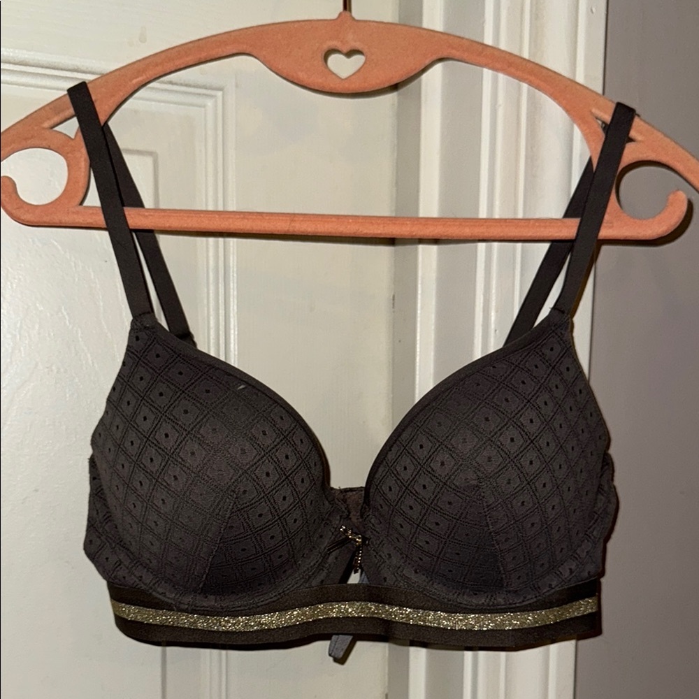 Aerie Bridget 32D Elegant Gray Lace Bra with Gold Accents